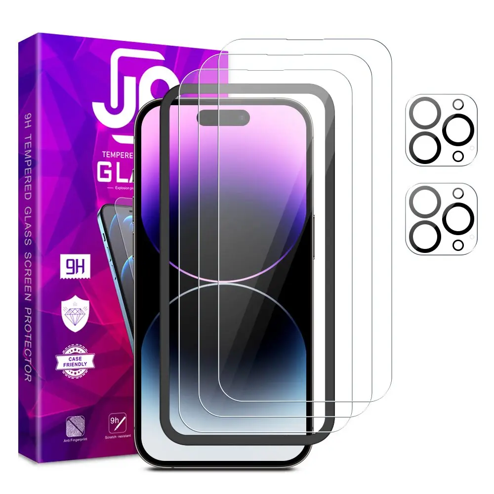 JP Mega Pack Tvrzených skel, 3 skla na telefon s aplikátorem + 2 skla na čočku, iPhone 14 Pro