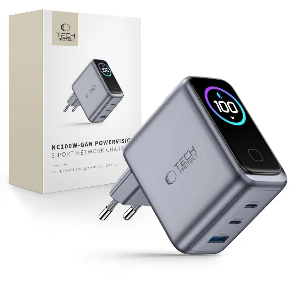 Tech-Protect Powervision NC100W-GAN 3portová nabíječka, PD 100 W / QC 3.0, šedá