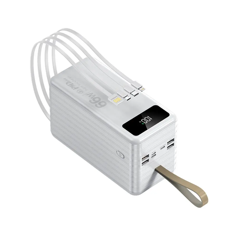 Powerbanka 100 000 mAh, PD66W, 2.1A, 4 integrované kabely + LED světlo, bílá