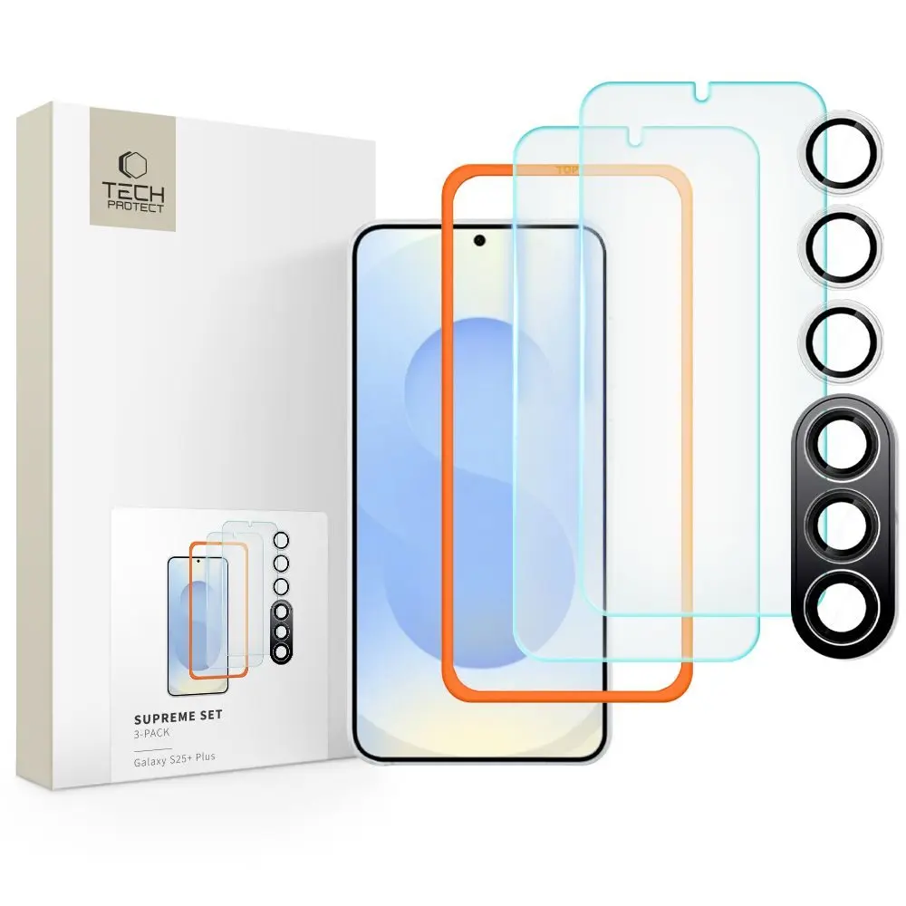Tech-Protect Supreme set, 2 tvrzené skla s aplikátorem + sklo na čočku, Samsung Galaxy S25 Plus