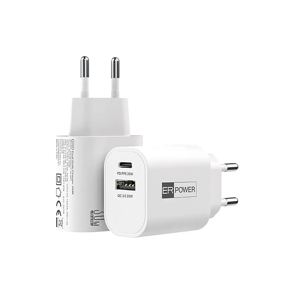 ER POWER Duální GaN nabíječka USB-C + USB-A, 30W, bílá