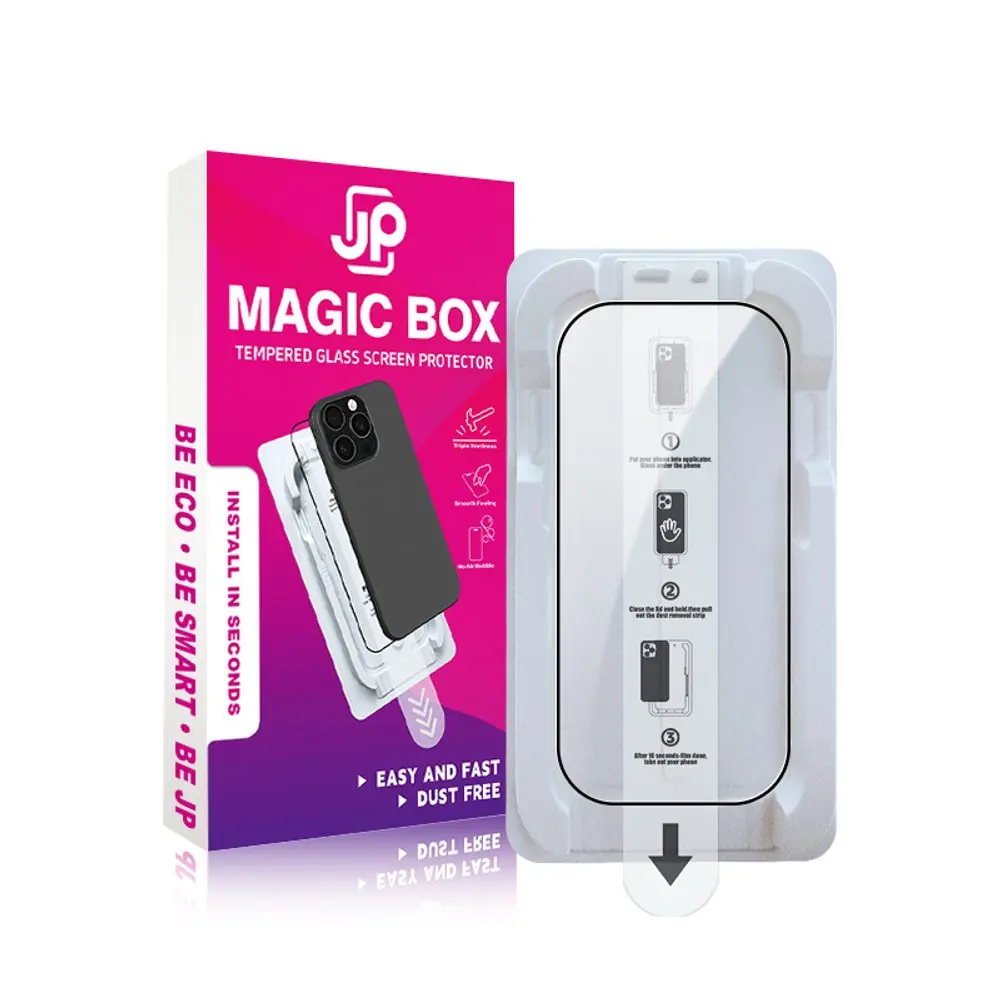 JP Magic Box 5D Tvrzené sklo s jednoduchou aplikací, iPhone 15 Pro, černé