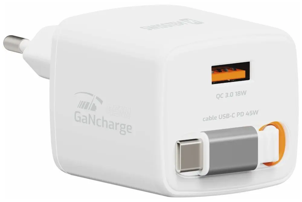 Swissten SlideCharge adaptér se zatahovacím USB-C kabelem GaN 45W, 1x USB-A 18W, bílý