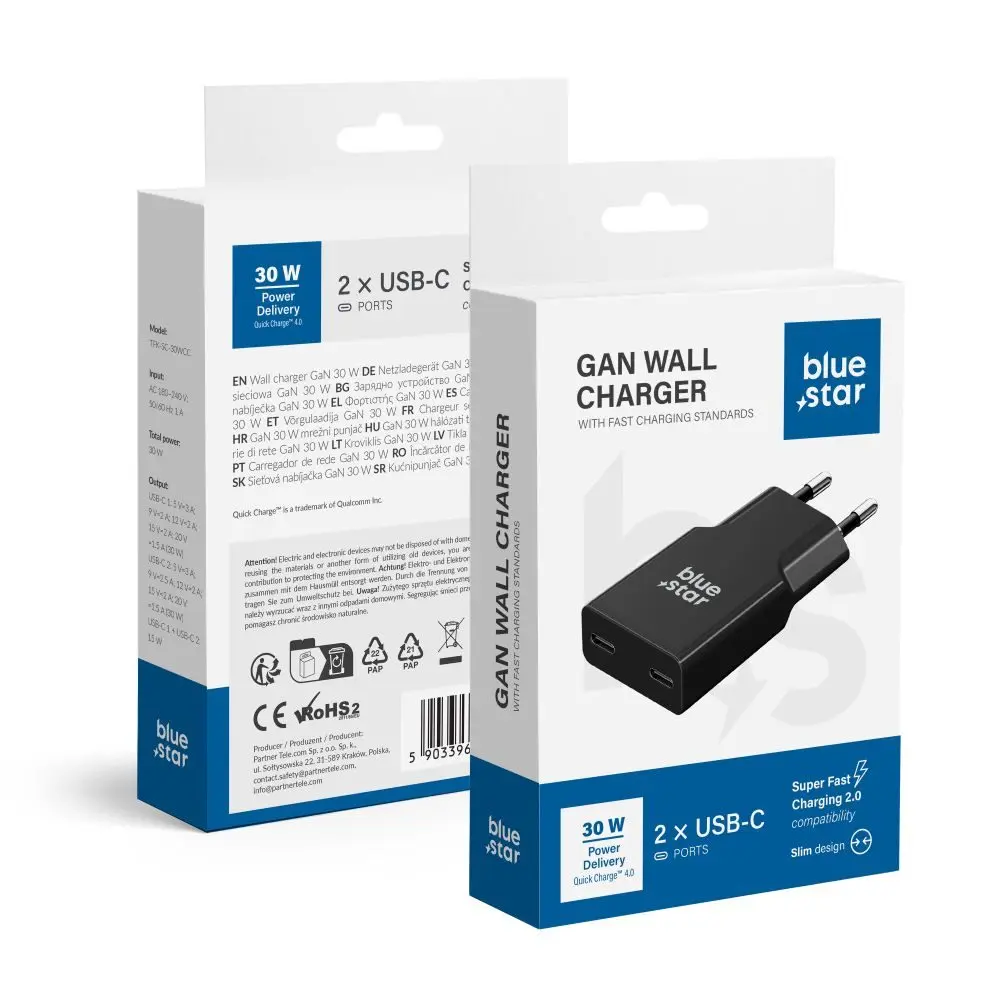 BlueStar Slim adaptér 2x USB-C, GaN, 30W, černý