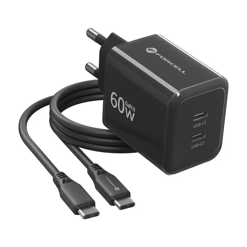 Forcell F-Energy nabíječka GaN III, 2x USB-C 60 W + kabel USB-C - USB-C, černá