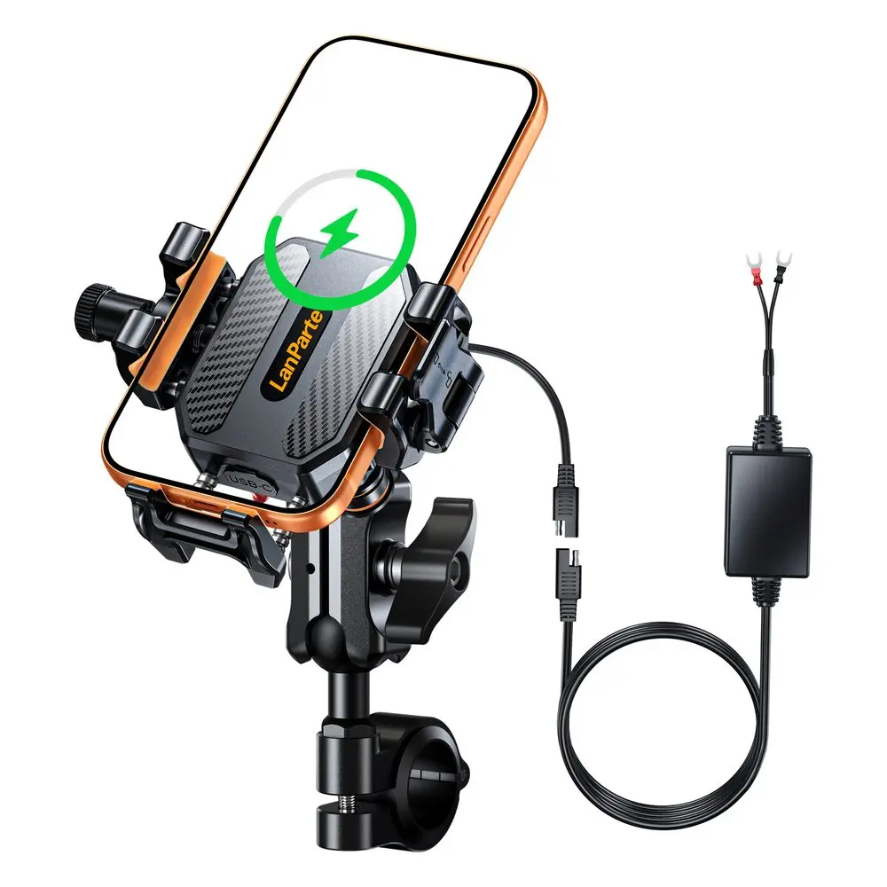 LanParte LPT01-E Motocyklový držák telefonu s bezdrátovým nabíjením a tlumením vibrací