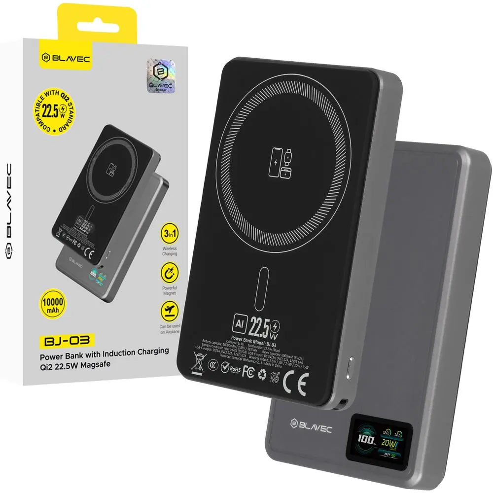 Powerbank Blavec BJ-03 Slim 13,5mm 10000mAh USB-C magnetic Magsafe 3v1 (PBBJ03-MC10G) 22,5W grey