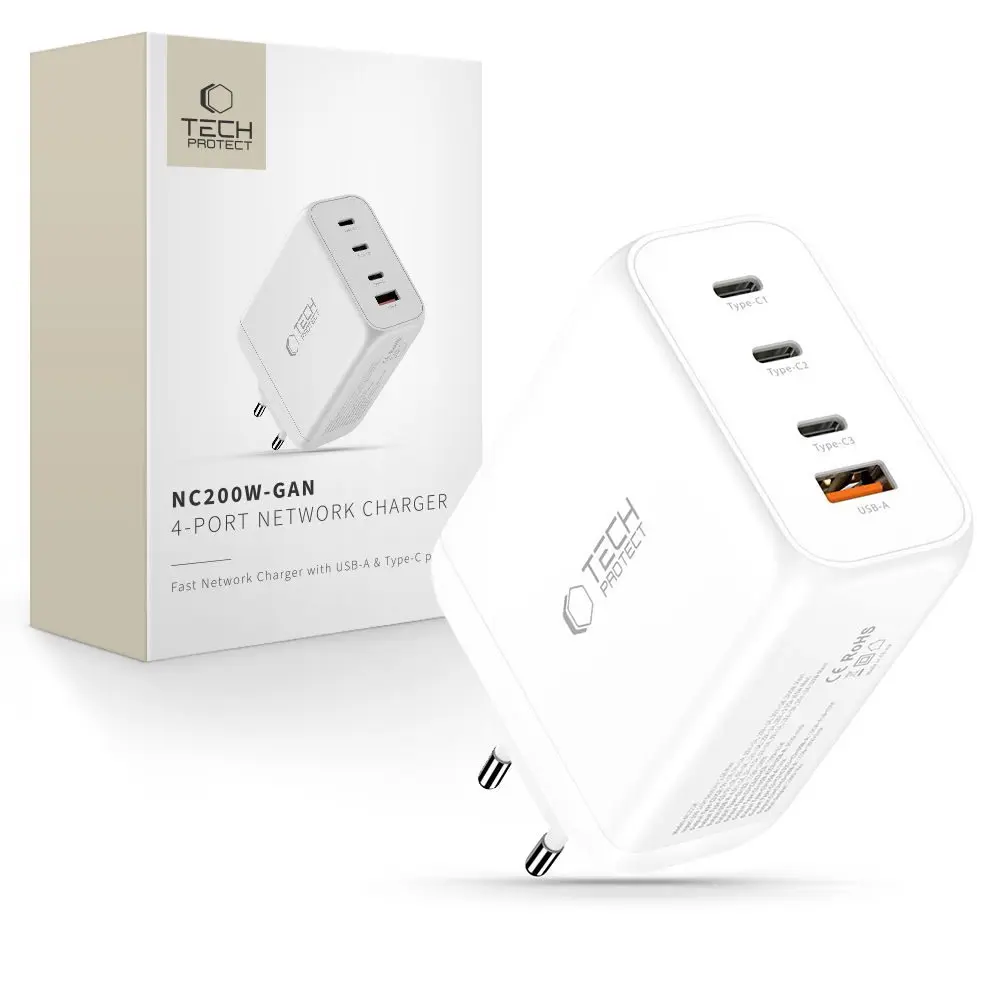 Tech-Protect NC200W-GAN 4-portová nabíječka, PD 200W / QC3.0, bílá