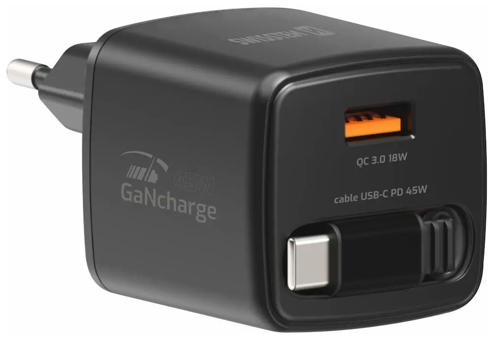 Swissten SlideCharge adaptér se zatahovacím USB-C kabelem GaN 45W, 1x USB-A 18W, černý