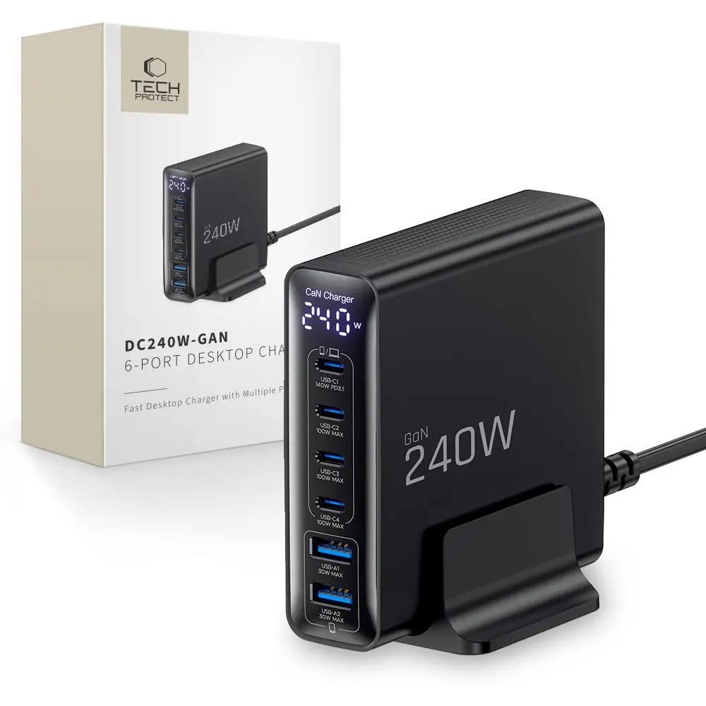 Tech-Protect DC240W-GAN 6-portová nabíječka PD 240 W / QC3.0, černá