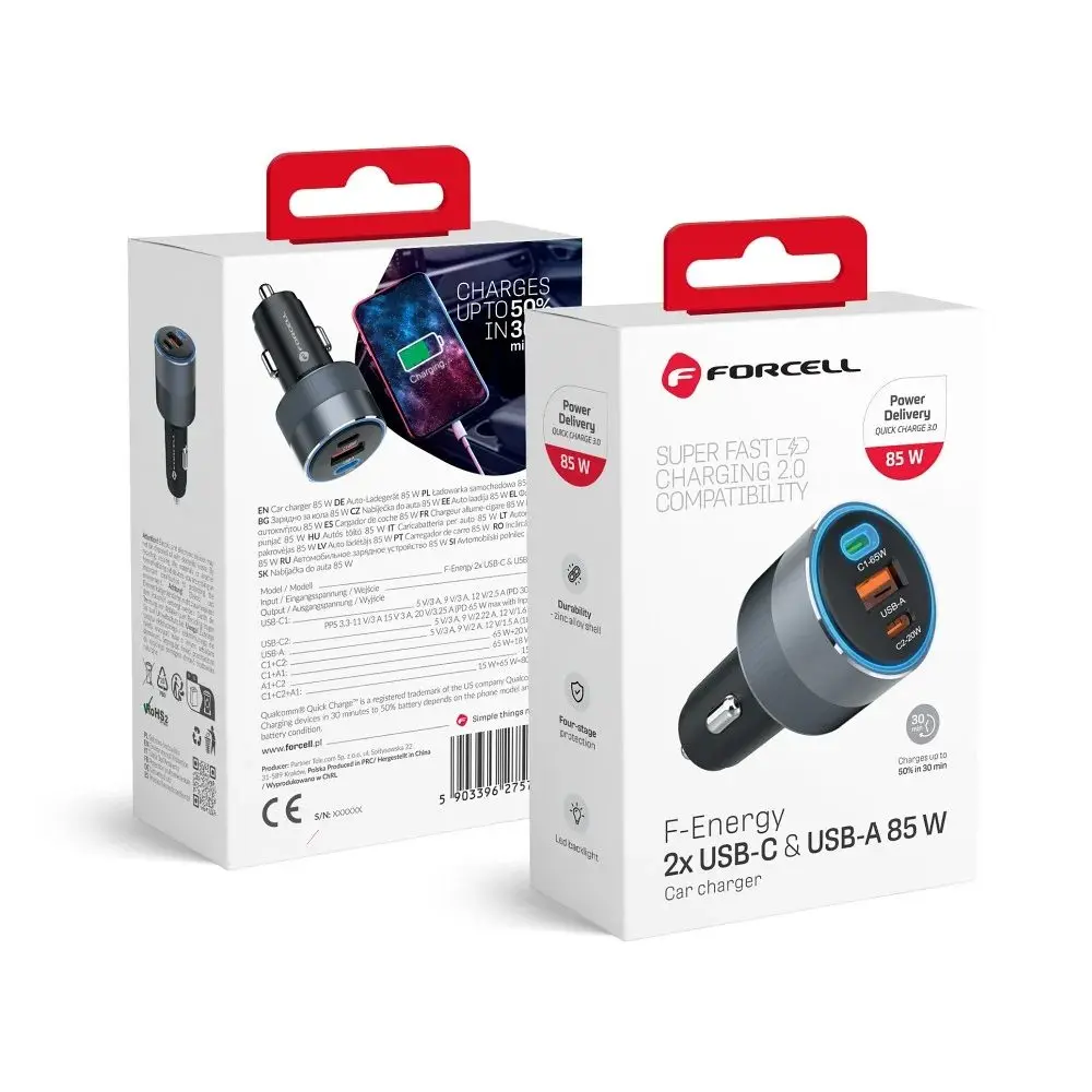 Forcell nabíječka do auta 2x USB-C, USB-A, 85W, šedá