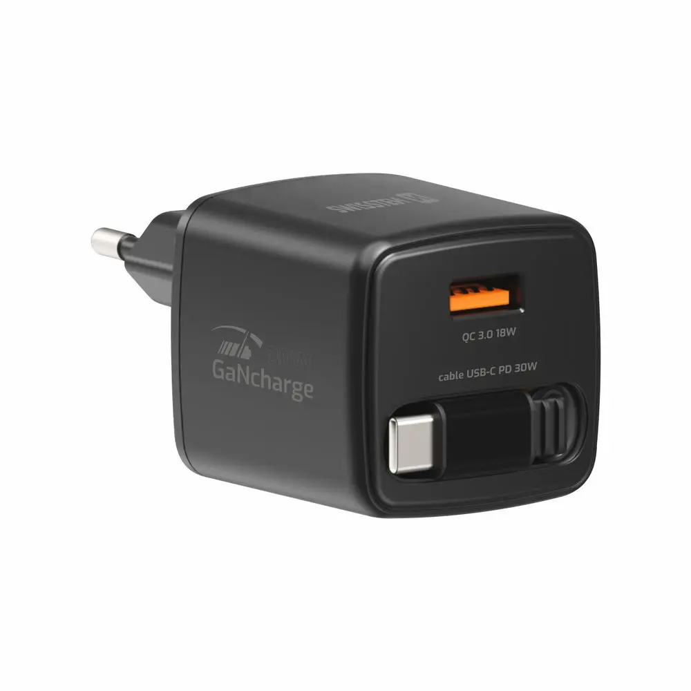 Swissten SlideCharge adaptér se zatahovacím USB-C kabelem GaN 30W, 1x USB-A 18W, černý