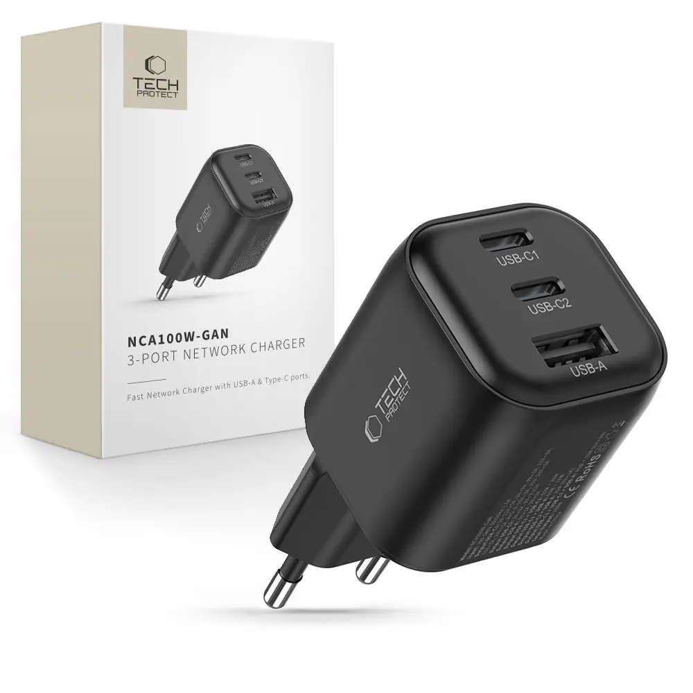 Tech-Protect 3portová síťová nabíječka s technologií GaN, PD 3.2, 100 W / QC 3.0, černá