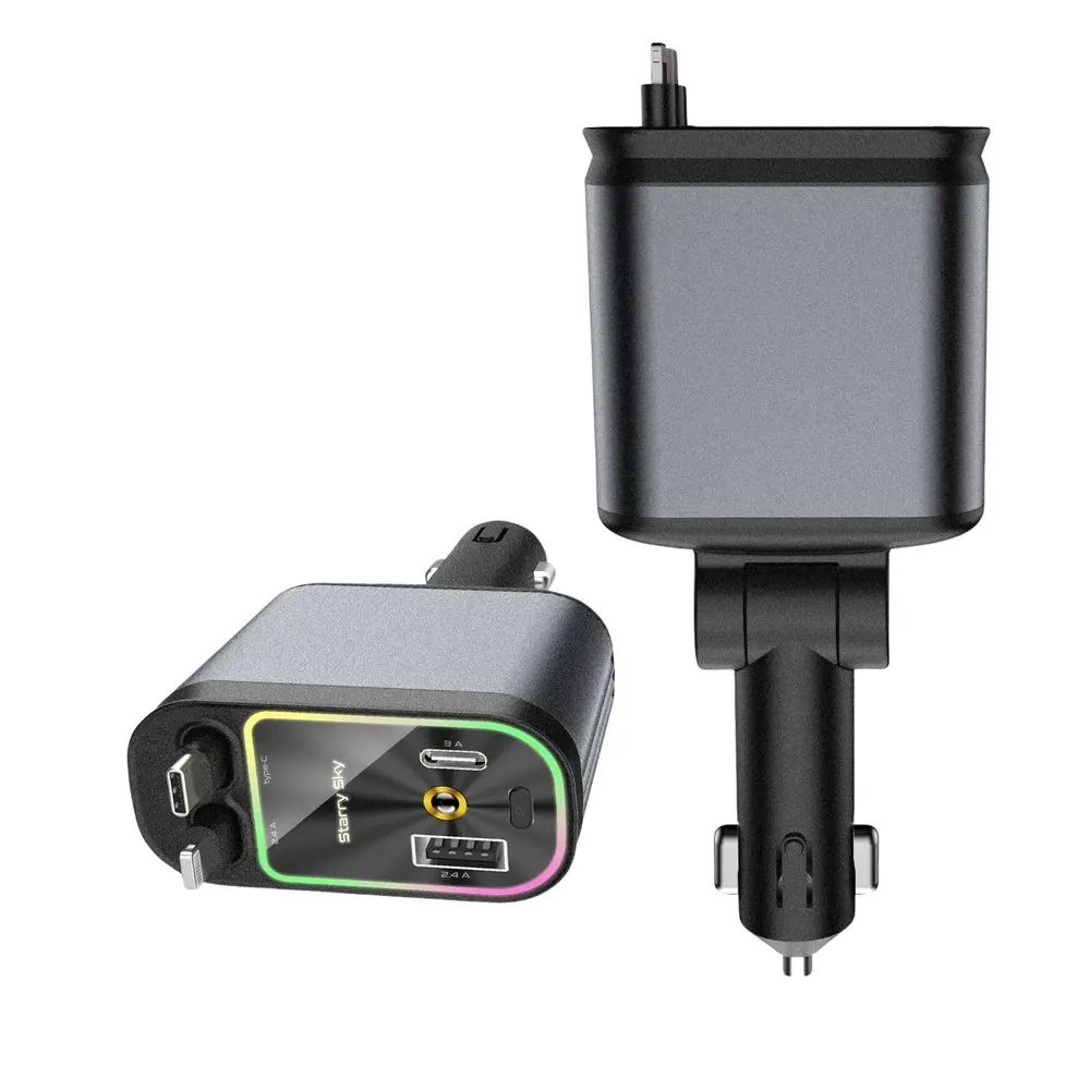 Nabíječka do auta 4v1 se 2 výsuvnými kabely USB-C + Lightning, PD, QC 3.0, šedá