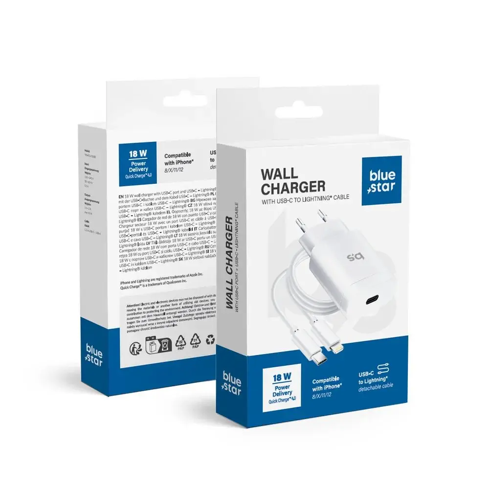 BlueStar nabíječka USB-C + kabel USB-C - Lightning, bílá