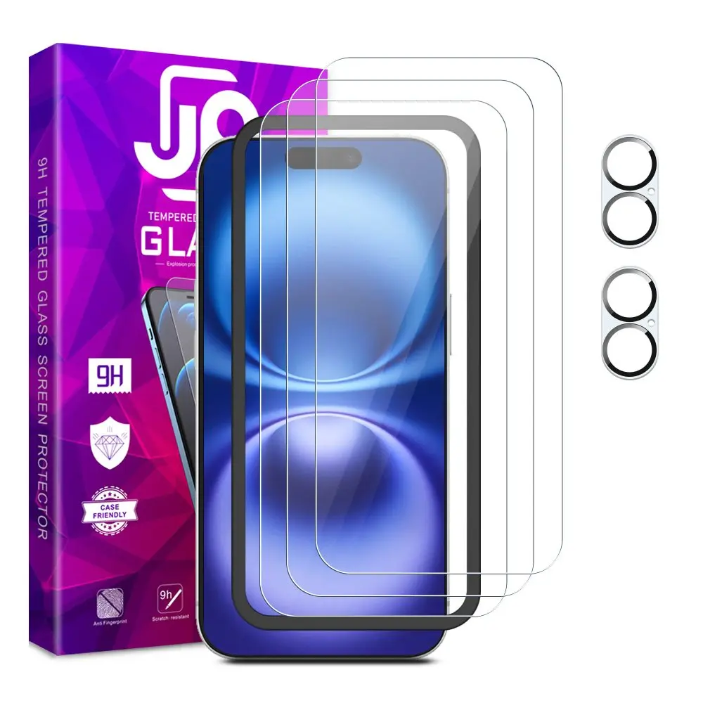 JP Mega Pack Tvrzených skel, 3 skla na telefon s aplikátorem + 2 skla na čočku, iPhone 16 Plus