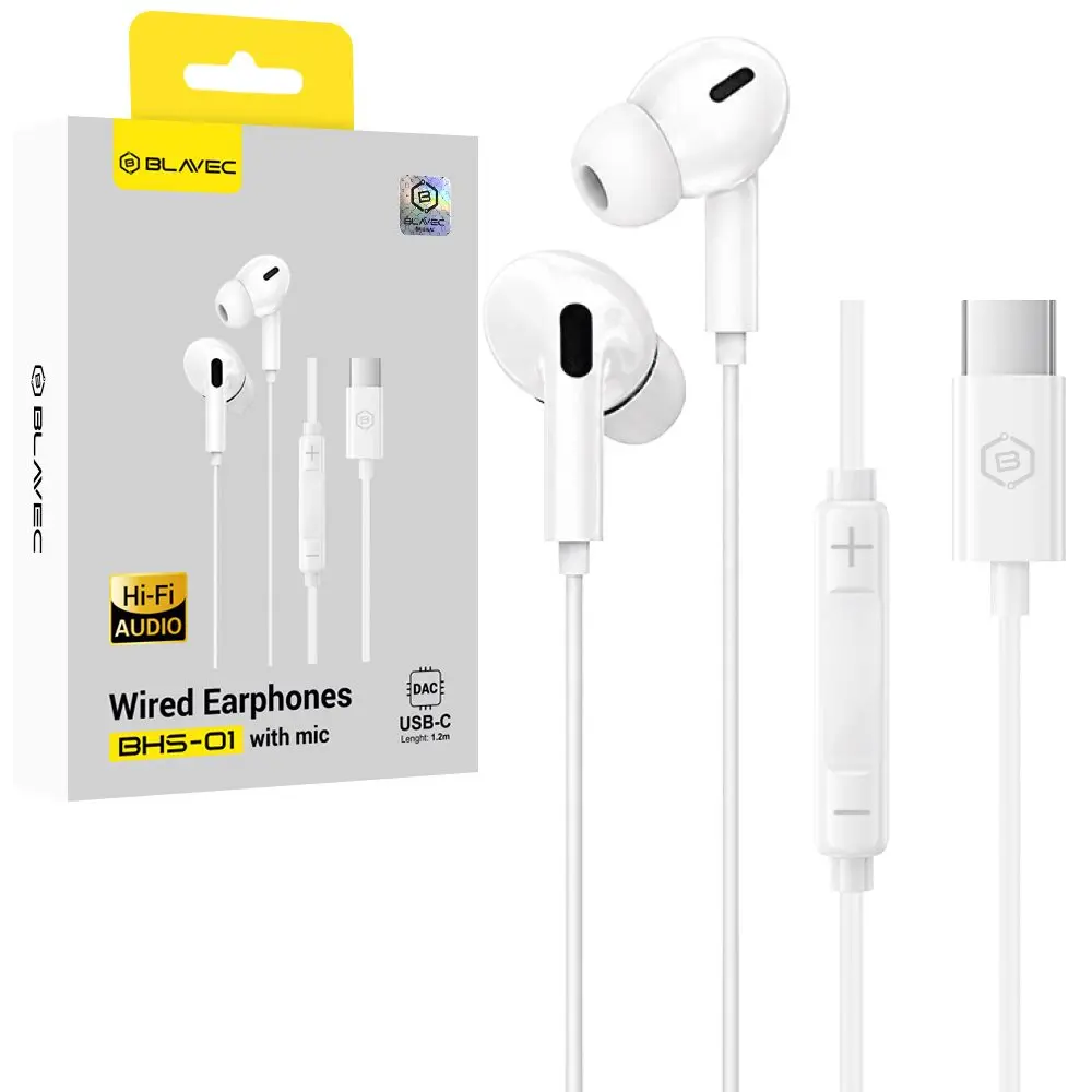 Blavec BHS-01 drátová sluchátka do uší s mikrofonem USB-C (DAC), bílá