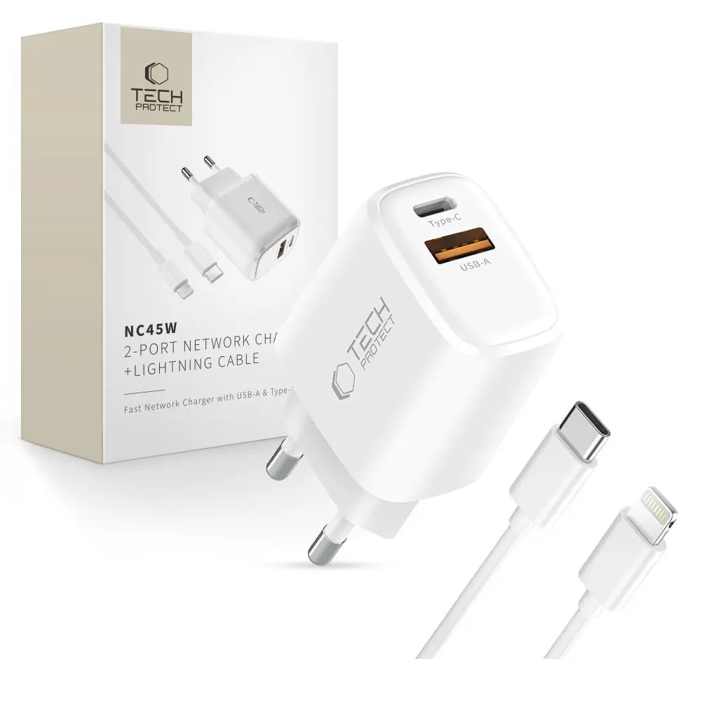 Tech-Protect NCA45W-GAN 2-portová síťová nabíječka PD45W / QC 3.0 + kabel lightning, bílá