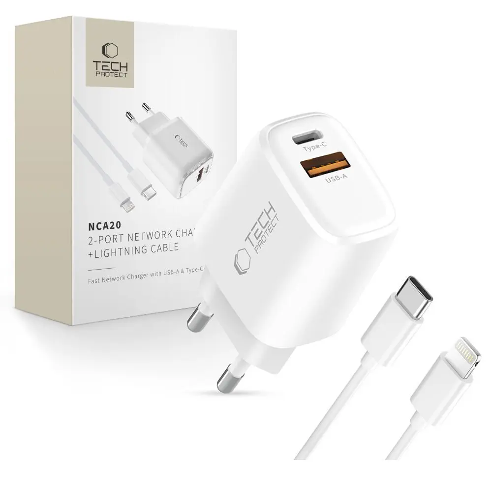Tech-Protect NCA20 2-portová síťová nabíječka PD 20W / QC3.0 + kabel lightning, bílá