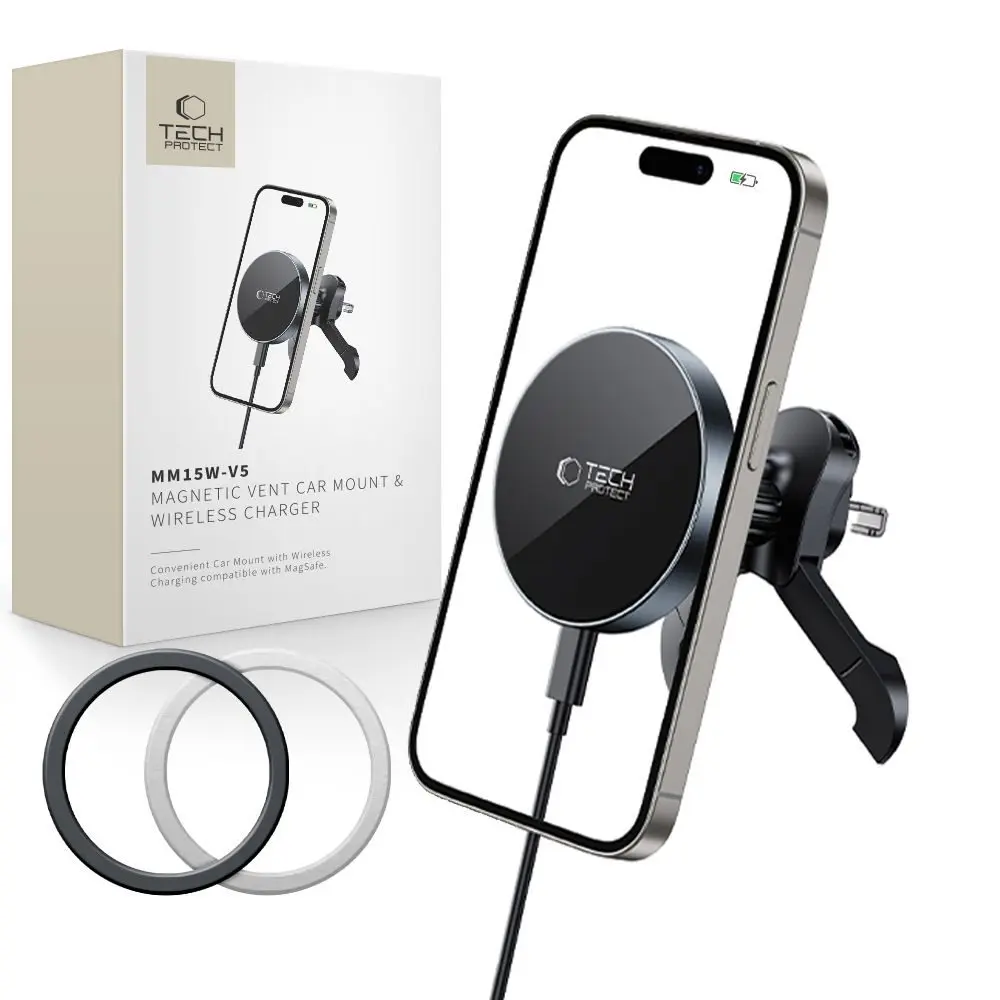 Tech-Protect MM15W-V5 Bezdrátová MagSafe nabíječka do auta s magnetickým držákem do ventilace 15W, černá