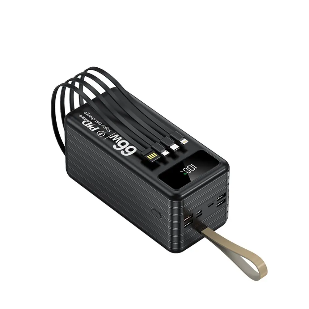Powerbanka 60 000 mAh, PD66W, 2.1A, 4 integrované kabely + LED světlo, černá