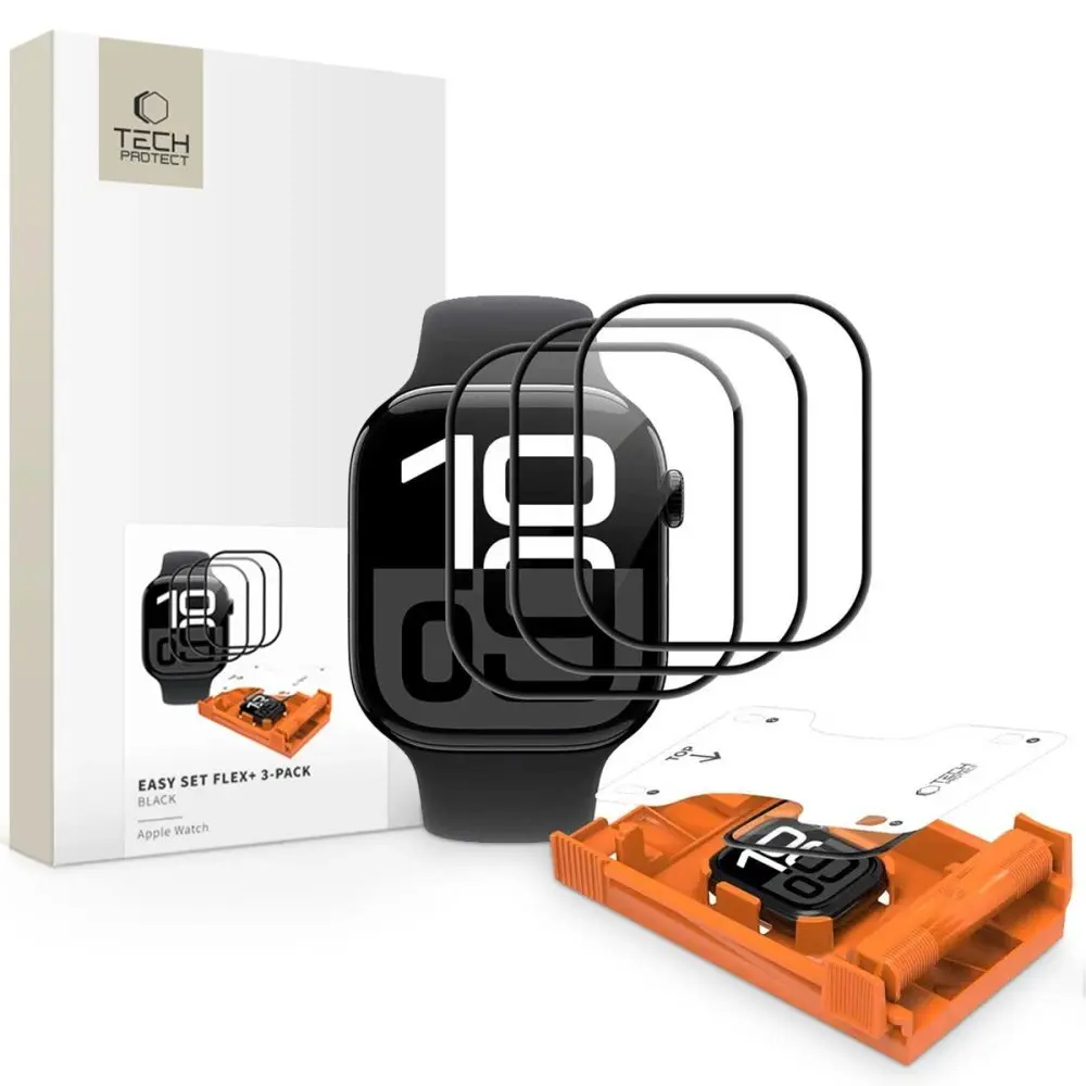 Tech-Protect Hybridní sklo Easy Set Flex+, Apple Watch 4 / 5 / 6 / SE 1 / 2 / 3 (44 mm), černé, 3 kusy