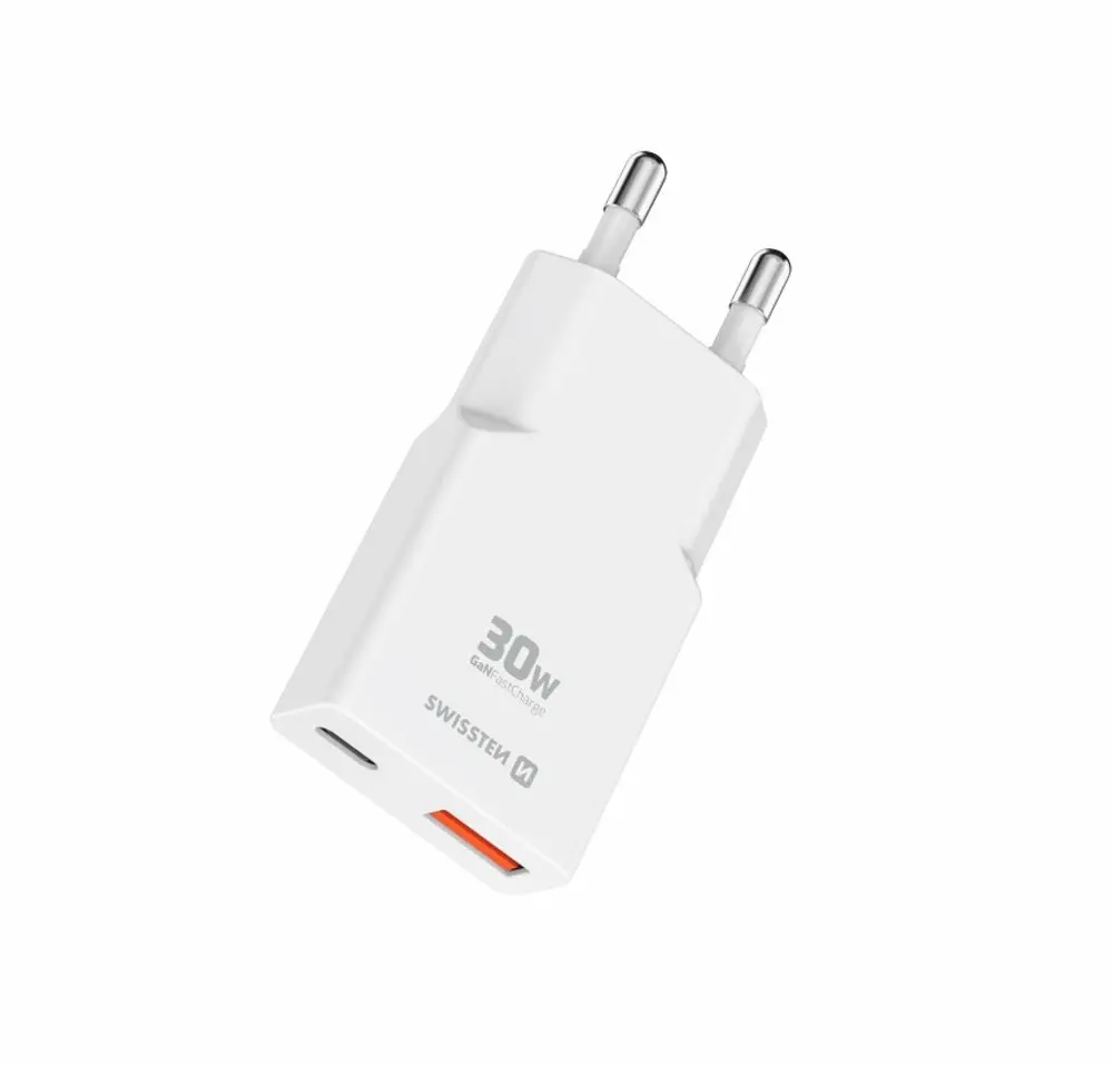 Adaptér Swissten GAN USB-C + USB-A 30W tenký bílý