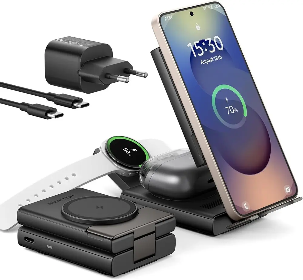 Suritch 3v1 skládací bezdrátová nabíjecí stanice pro zařízení Samsung, černá