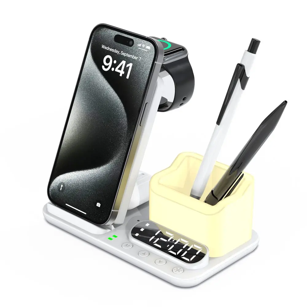 DeskCharge Station Pro Multifunkční 5v1 bezdrátová nabíjecí stanice s hodinami a organizérem, bílá
