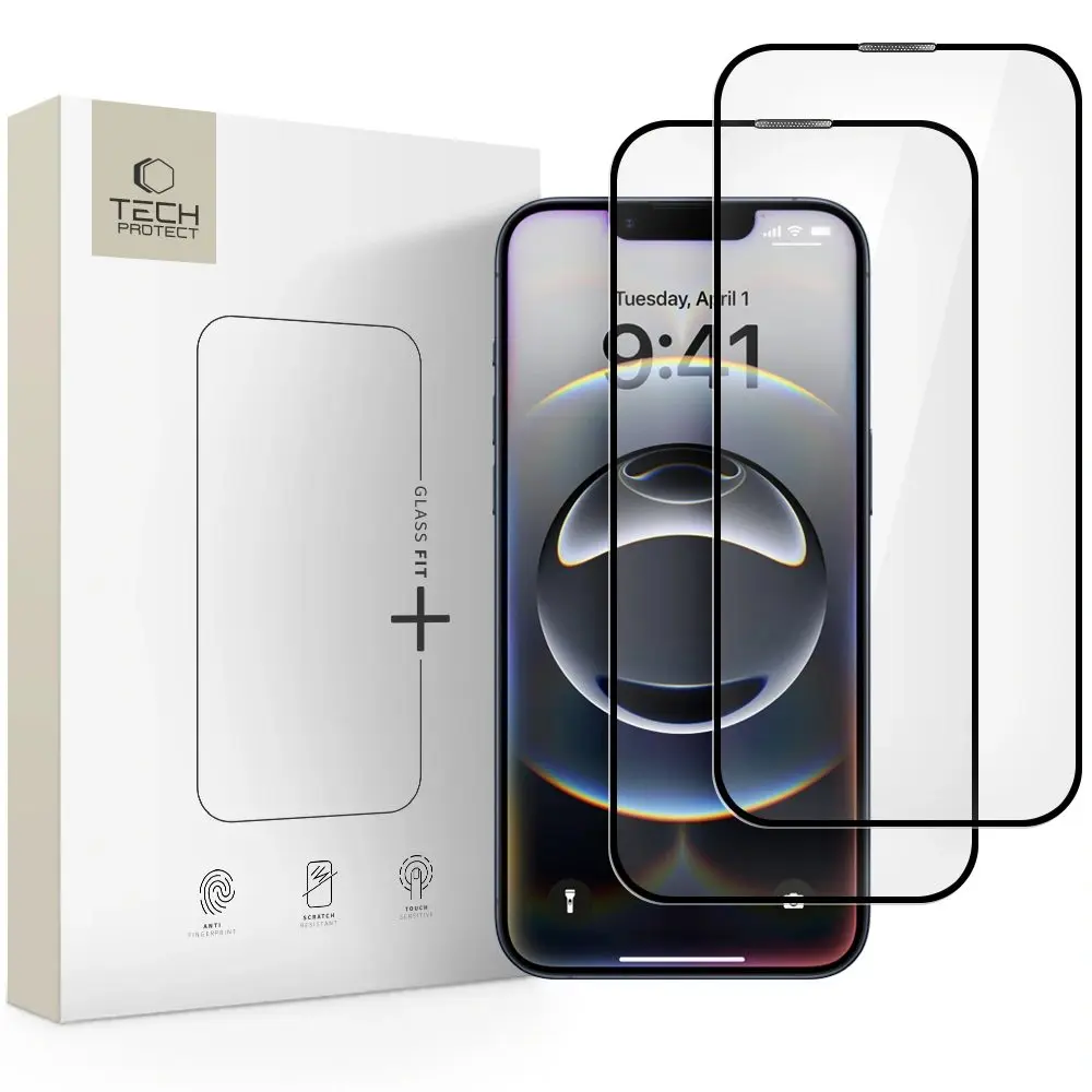 Tech-Protect Tvrzené sklo Fit+ iPhone 13 / 13 Pro / 14 / 16e / 17e, černé, 2 kusy