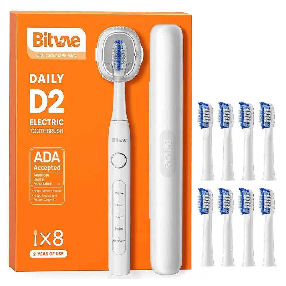 Bitvae - Electric Toothbrush Daily D2 ultrazvukový elektrický zubní kartáček s 8 hlavicemi, cestovním pouzdrem, timerem, 5 režimy a štětinami ve tvar…