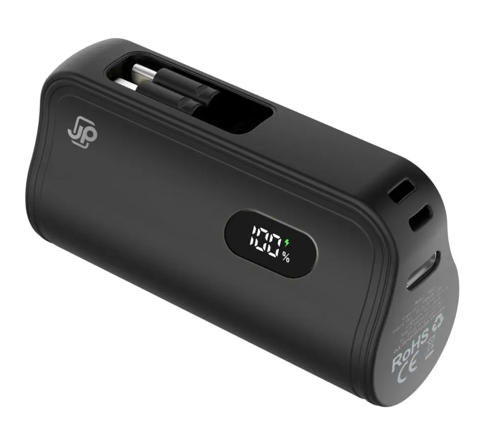 JP Powerbanka PlugOn s integrovaným konektorem pro USB-C a Lightning, 5000 mAh, PD 20W, černá