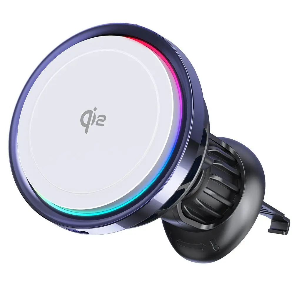 Chladící MagSafe Qi2 držák s bezdrátovým nabíjením do ventilační mřížky auta, s RGB volitelným podsvícením, 15W, kulatý, bílý
