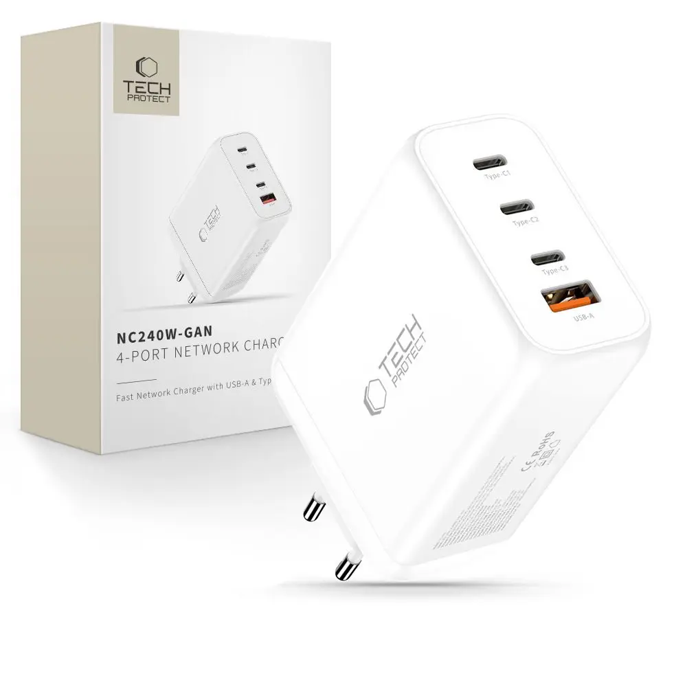 Tech-Protect NC240W-GAN 4-portová nabíječka, PD 240W / QC3.0, bílá