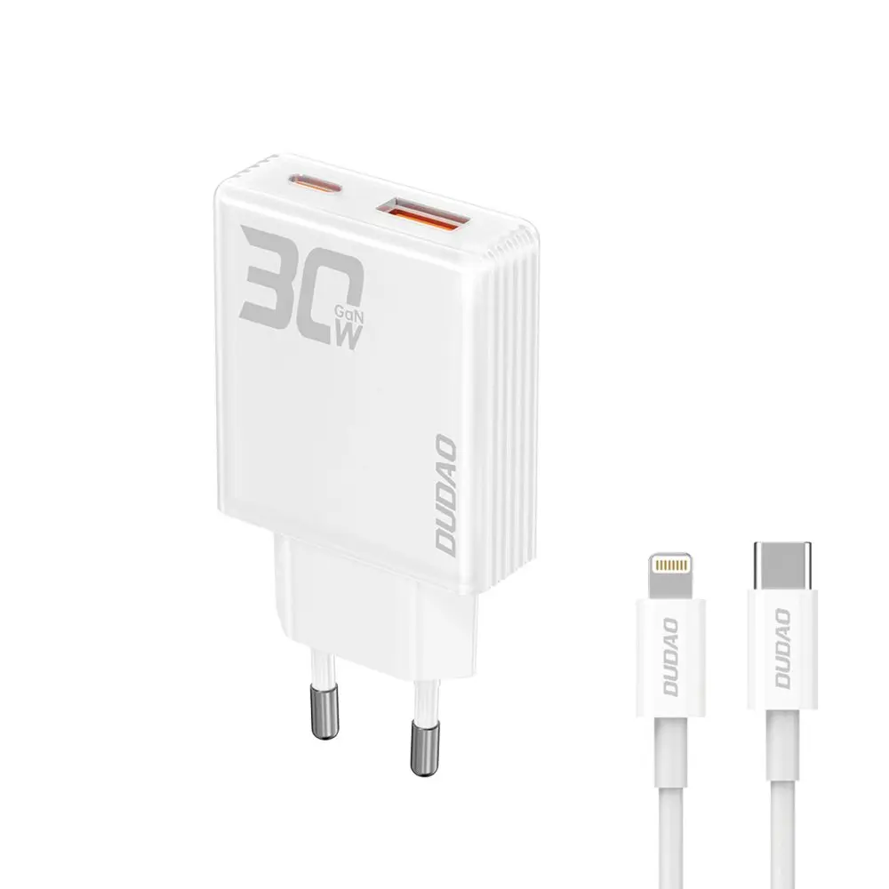 Dudao GaN nabíječka 30W USB / USB-C + kabel USB-C - Lightning, A30EU, bílá