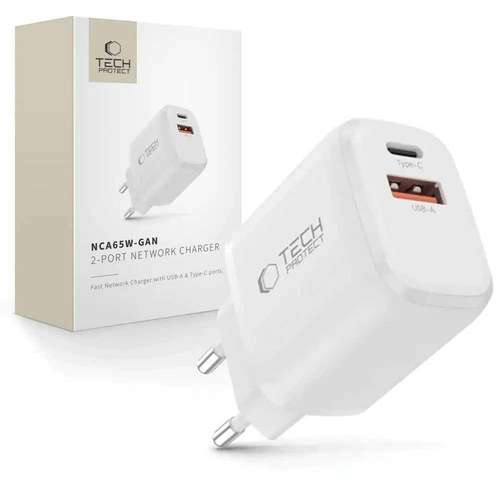 Tech-Protect NCA65W-GAN 2-portová nabíječka PD 65 W / QC 3.0, bílá