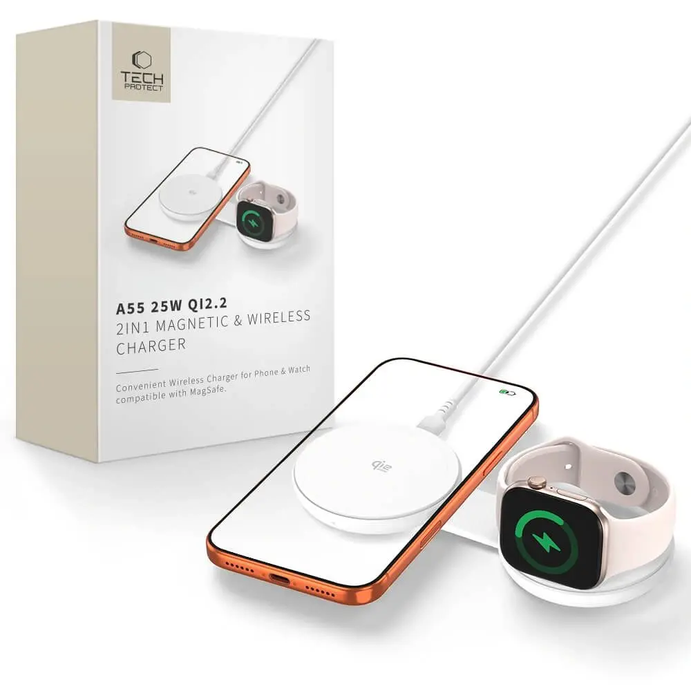 Tech-Protect A55 2v1 MagSafe bezdrátová nabíječka, 25 W, Qi2.2, bílá