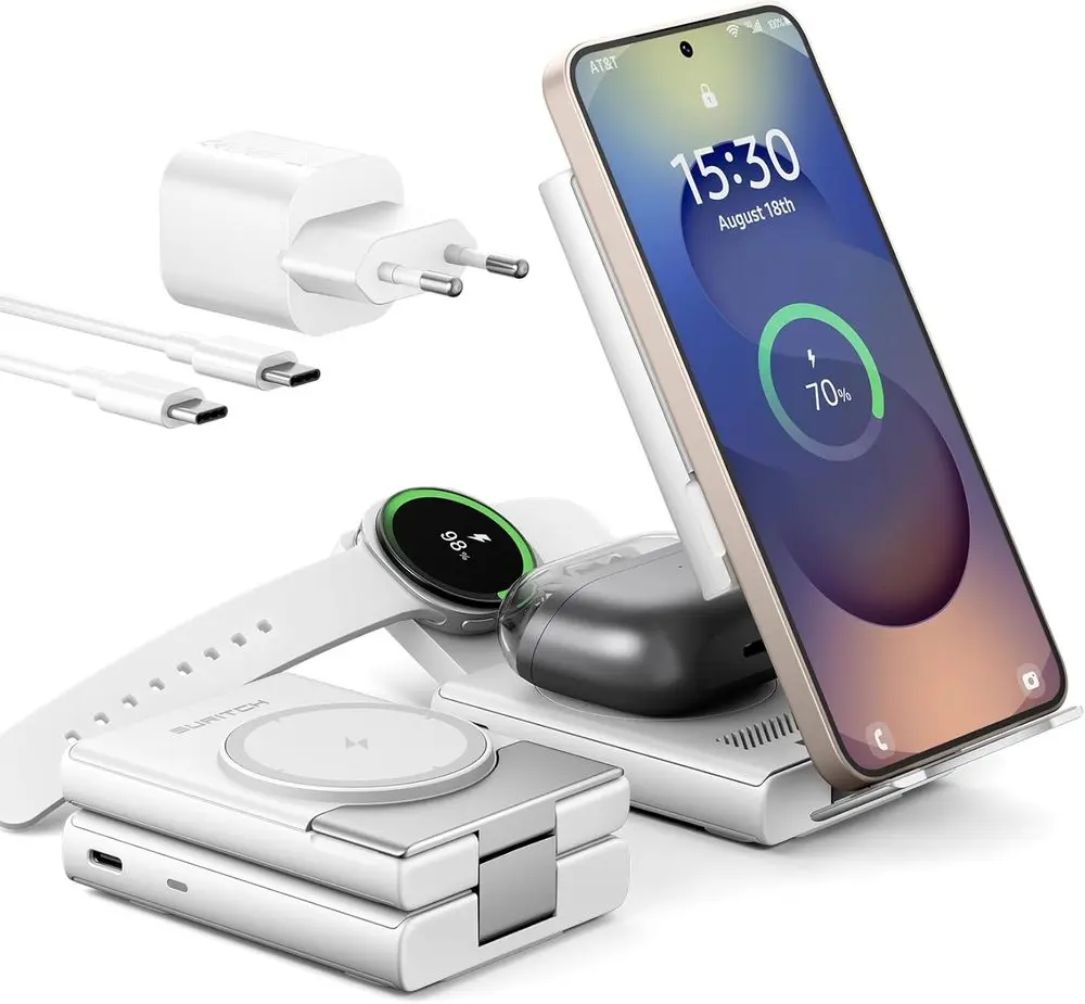 Suritch 3v1 skládací bezdrátová nabíjecí stanice pro zařízení Samsung, bílá