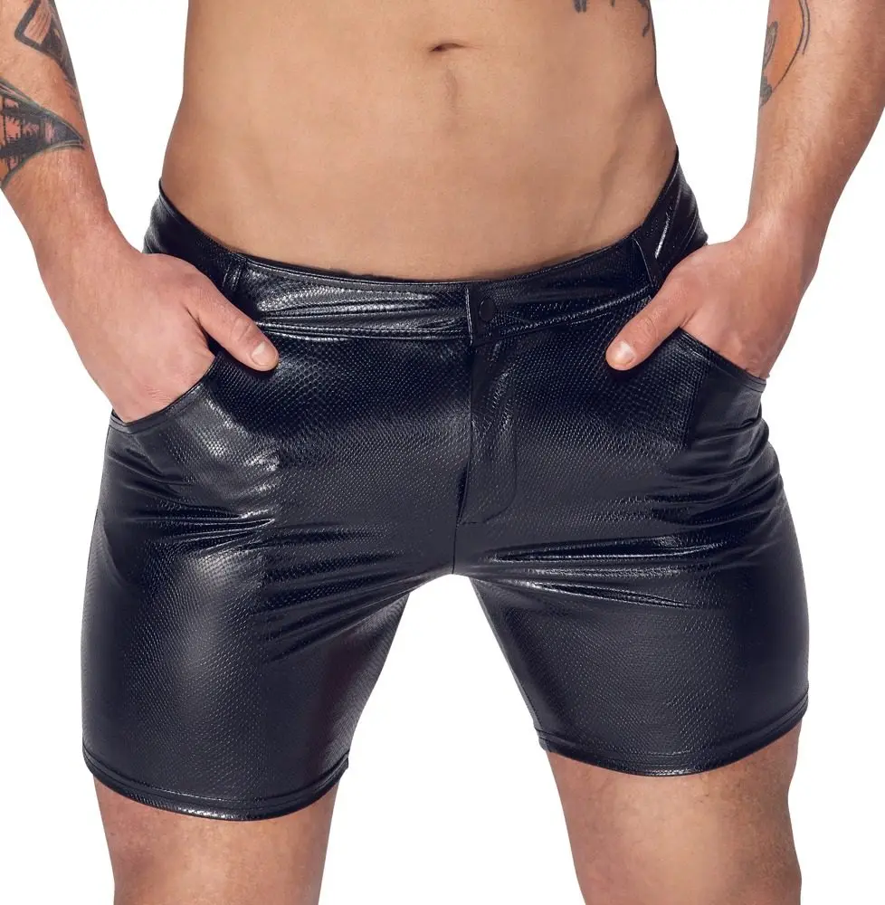 Noir Handmade H068 Mid-Length Shorts of Snake Wetlook with Back Pockets