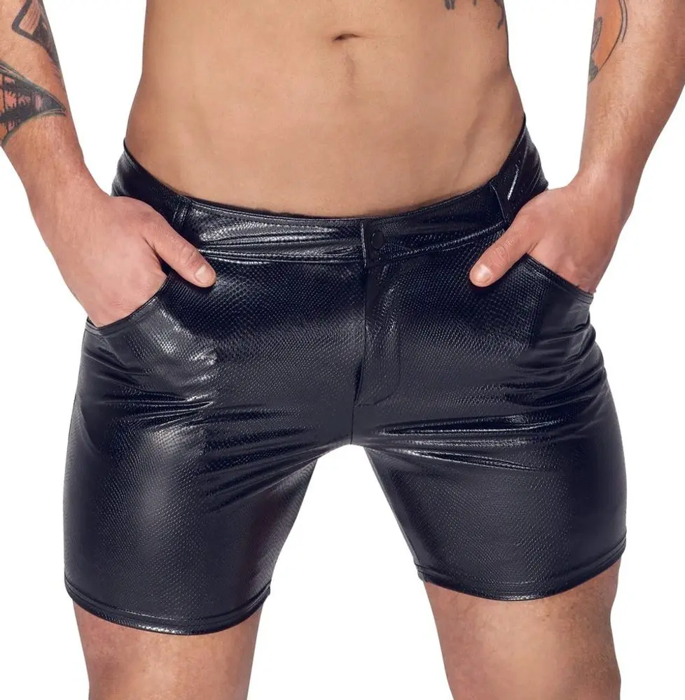 Noir Handmade H068 Mid-Length Shorts of Snake Wetlook with Back Pockets -