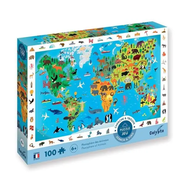 SENTOSPHERE Dětské puzzle Hledej a najdi Světová mapa zvířat 100 dílků