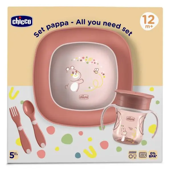 CHICCO Set jídelní - miska, talíř, láhev a příbor