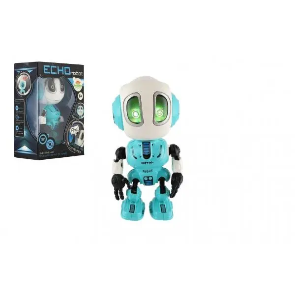 Robot ECHO opakující věty kovový 12cm modrý na baterie se zvukem a světlem