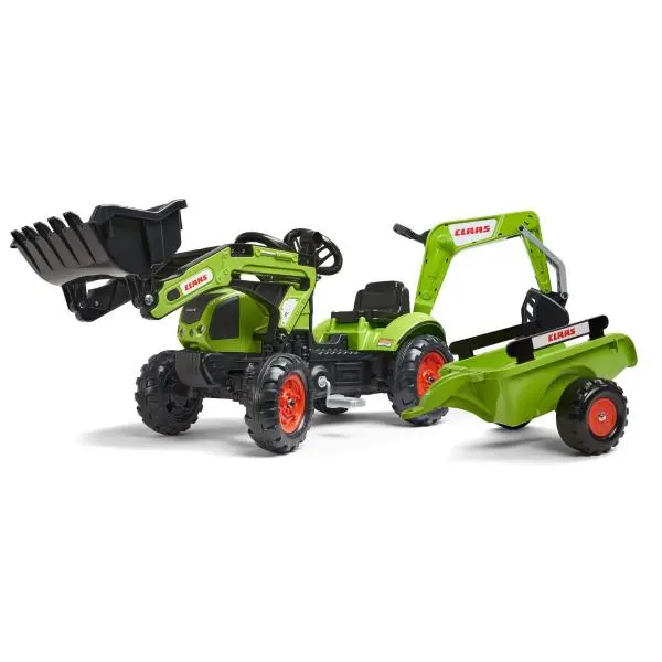 Falk Traktor šlapací Claas Arion 410 s přední a zadní lžící s vlečkou