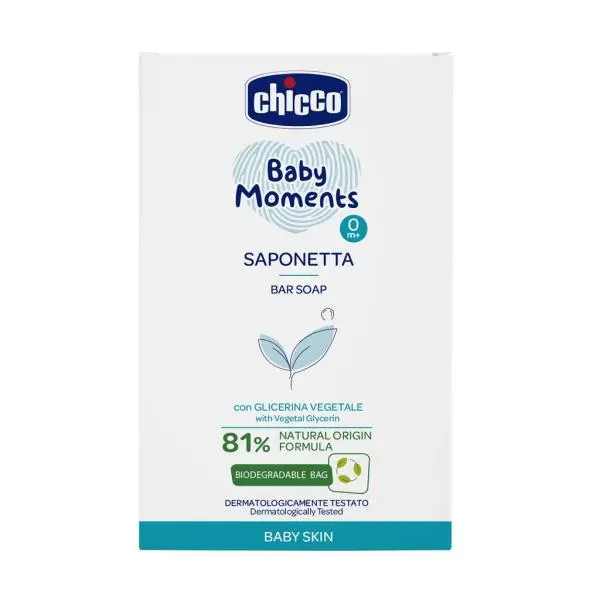 CHICCO Mýdlo na ruce tuhé s rostlinným glycerinem Baby Moments 81 % přírodních složek 100