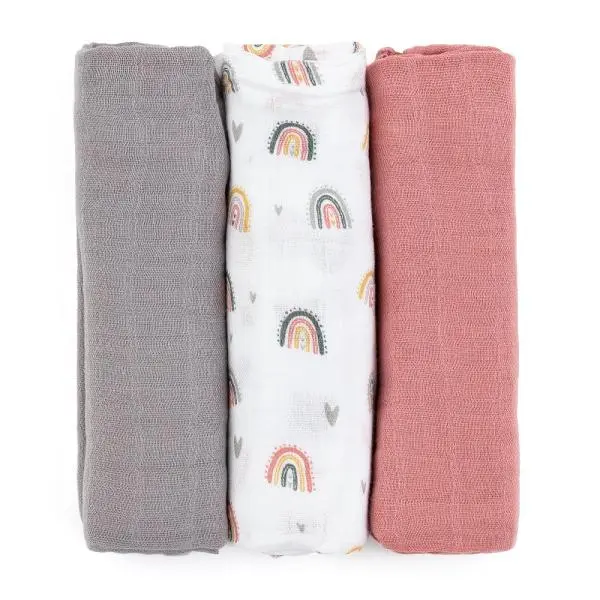 PETITE&MARS Sada plenek bambusová mušelínová 3ks Moussy Grey Planes, 68 x 68 cm - PETITE&MARS Sada plenek bambusová mušelínová 3ks Moussy Rose Rainbows, 68 x 68 cm