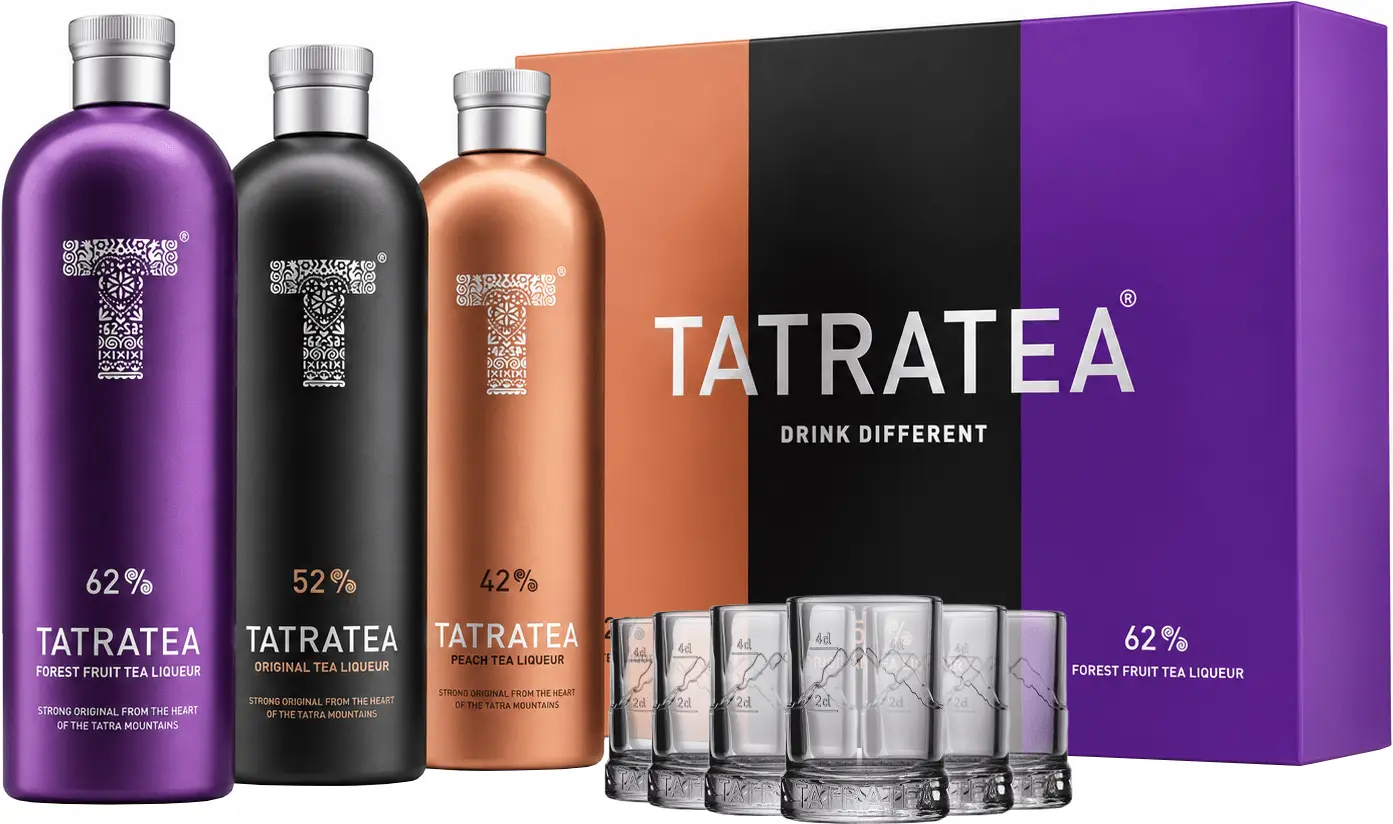 Tatratea Darčekový Set 3×0,7l s 6 skleničkami 62% 2,1l (dárkové balení kazeta)