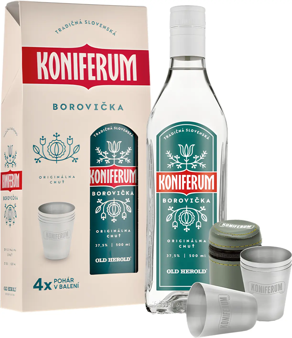 Koniferum Borovička se 4 sklenicemi 37,5% 0,5l (darčekové balenie 4 poháre)