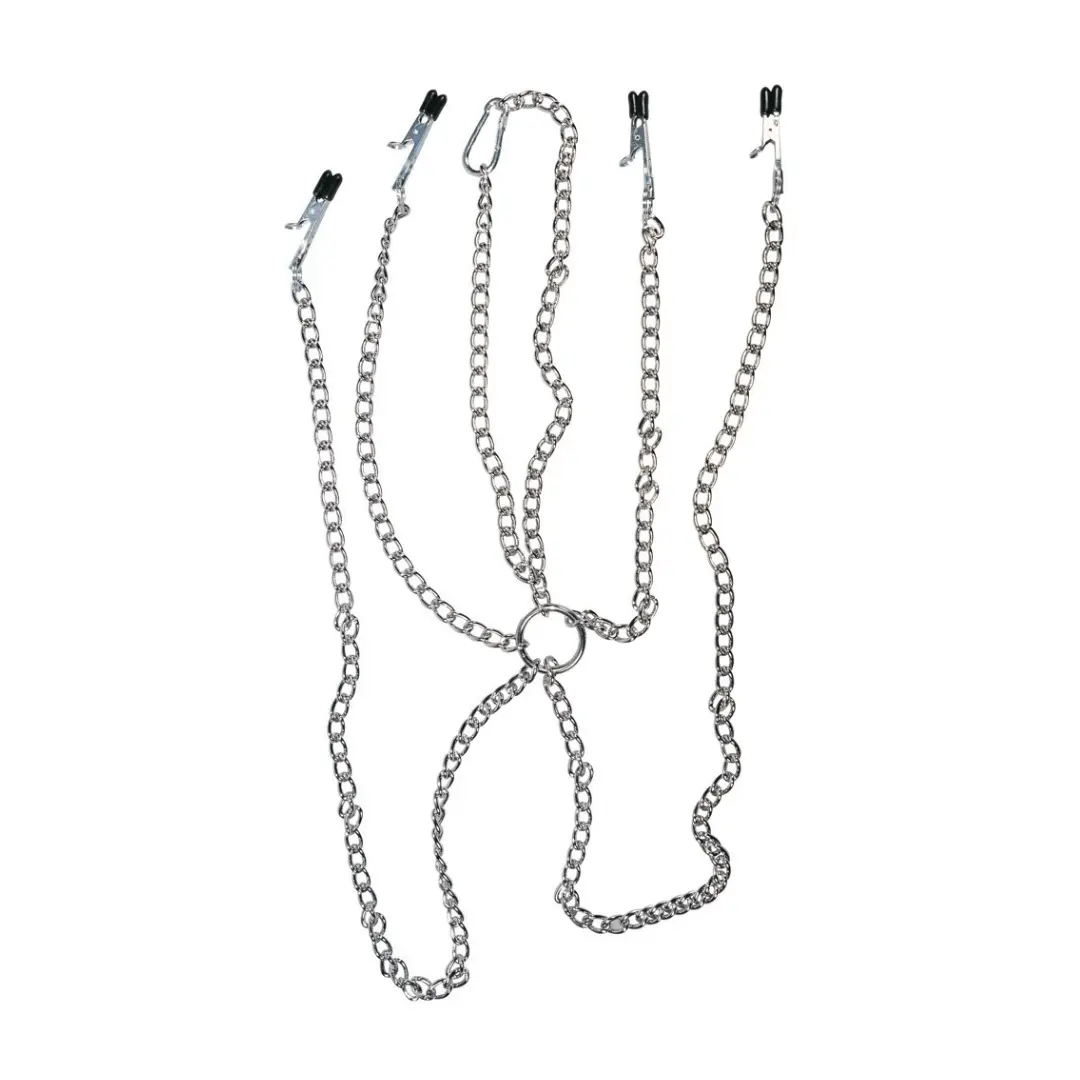 Fetish Collection Harness with Clamps Postroj z řetízků se svorkami na bradavky a stydké pysky