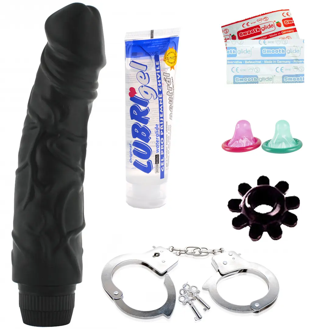 Smyslný set pro páry Odstín šedi - vibrátor, pouta, kroužek, kalendář a gel